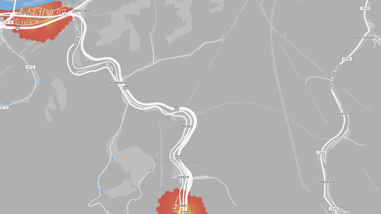 Walk Grade map of 25061, WV, walkable areas in green and car-dependent areas in red