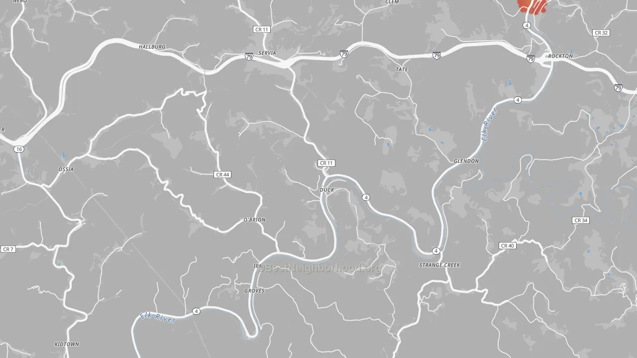 Walk Grade map of 25063, WV, walkable areas in green and car-dependent areas in red