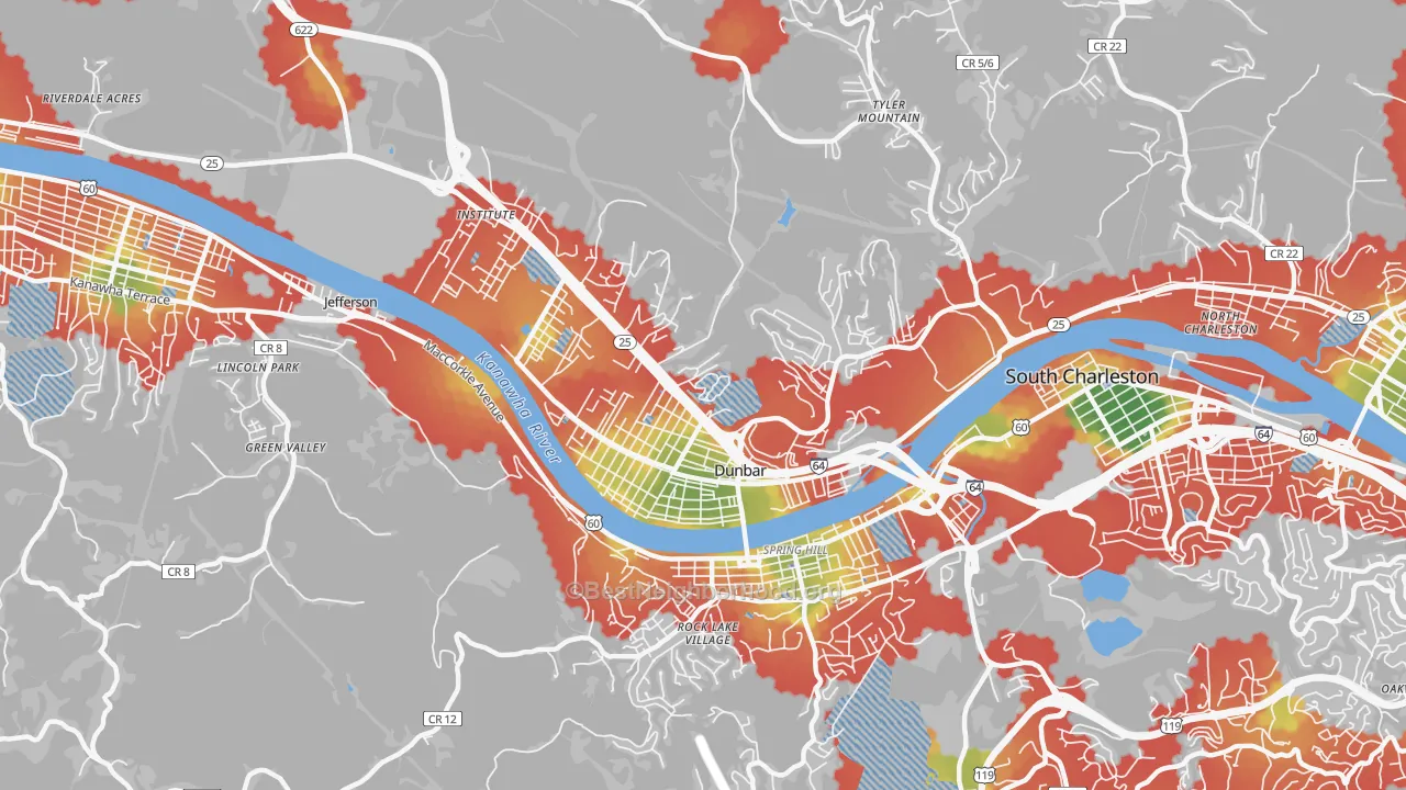 Walk Grade map of 25064, WV, walkable areas in green and car-dependent areas in red
