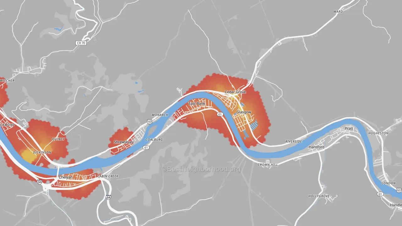 Walk Grade map of 25067, WV, walkable areas in green and car-dependent areas in red