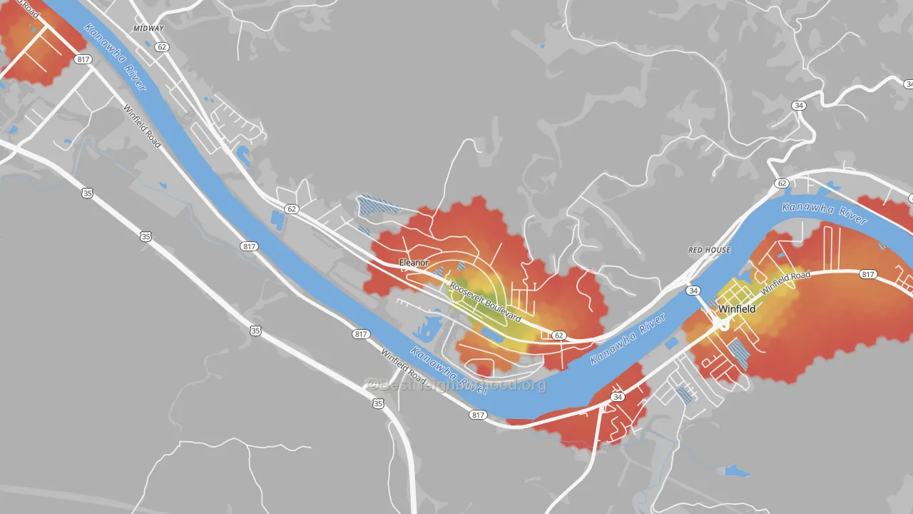 Walk Grade map of 25070, WV, walkable areas in green and car-dependent areas in red