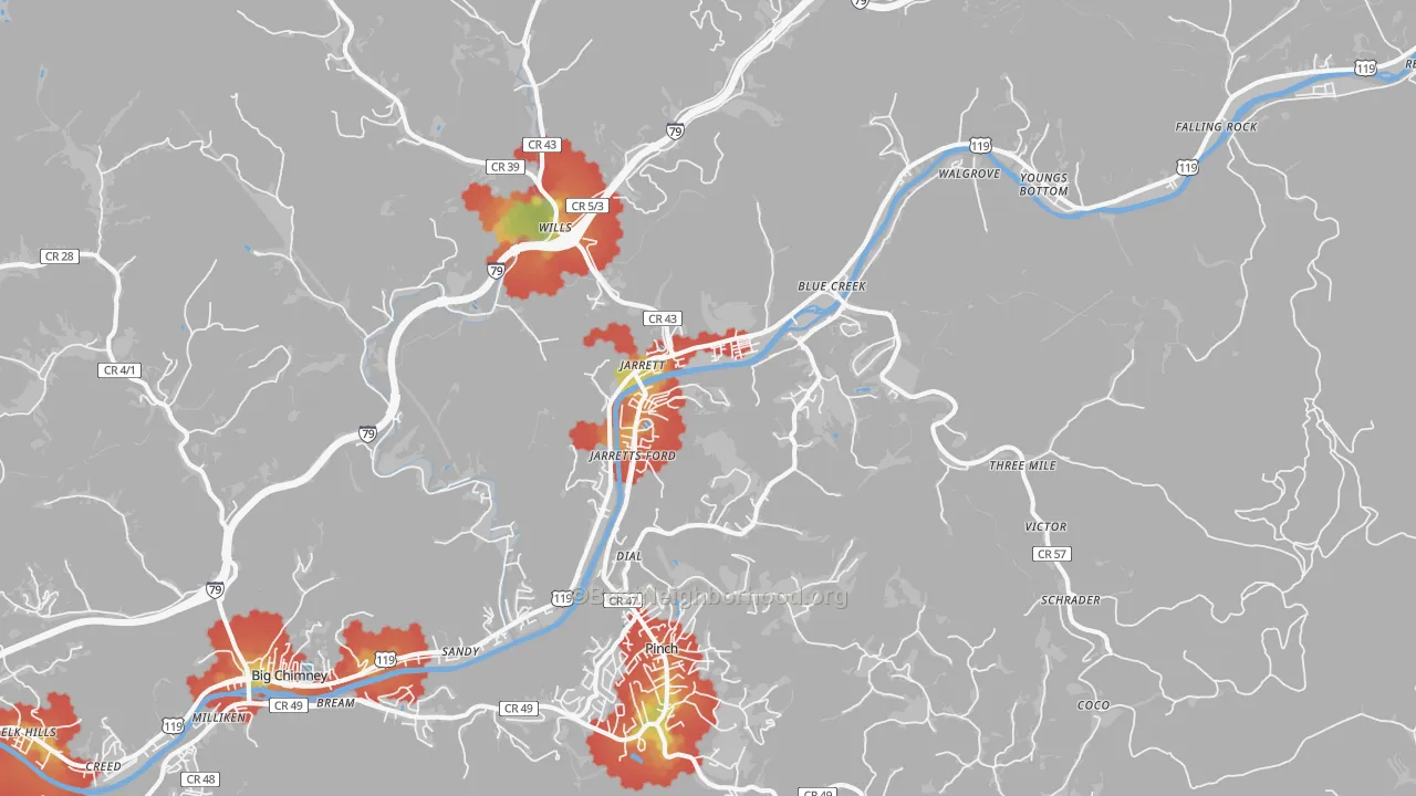 Walk Grade map of 25071, WV, walkable areas in green and car-dependent areas in red