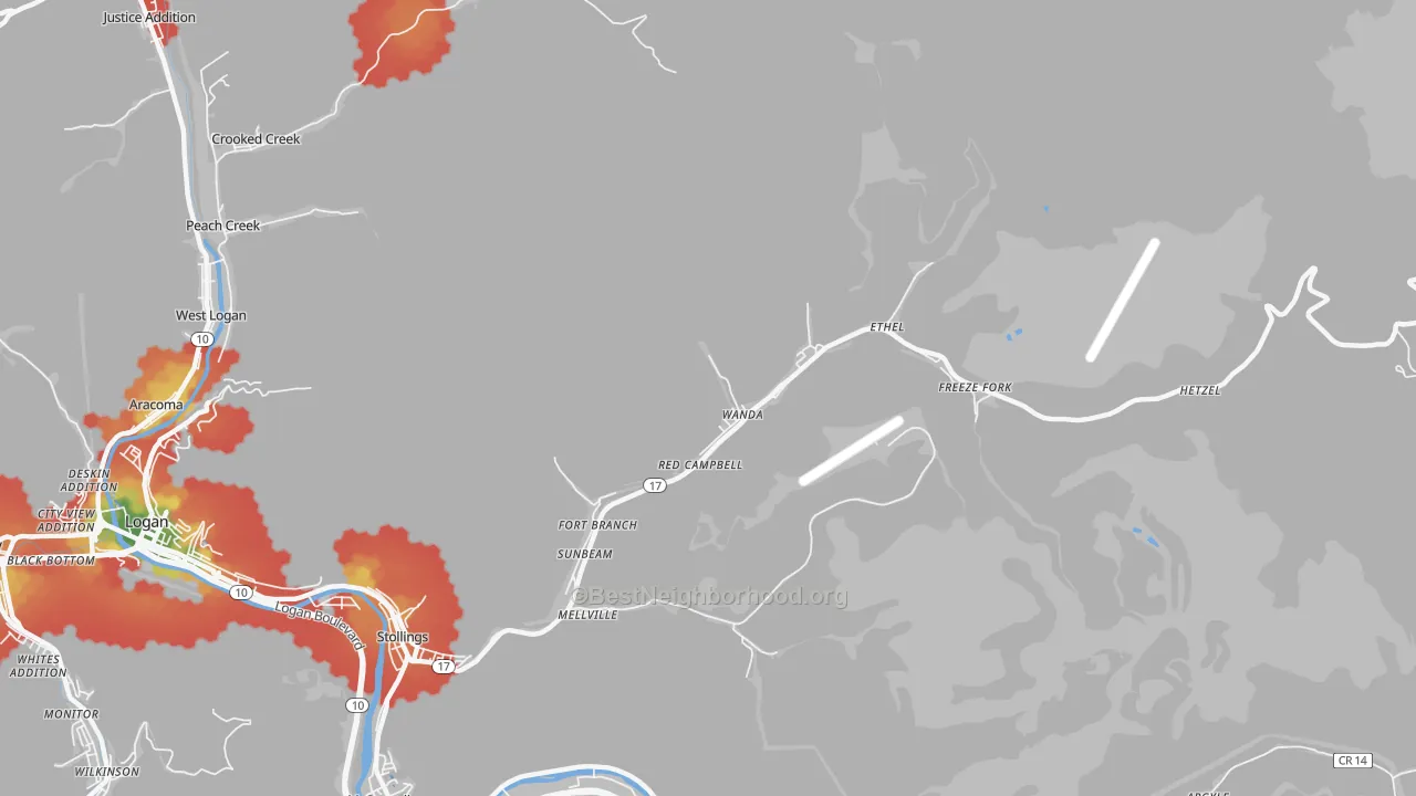 Walk Grade map of 25076, WV, walkable areas in green and car-dependent areas in red