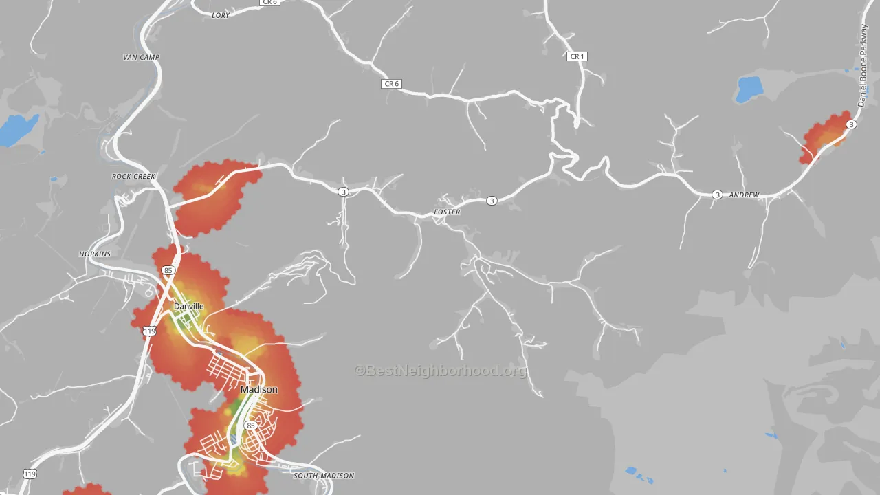 Walk Grade map of 25081, WV, walkable areas in green and car-dependent areas in red