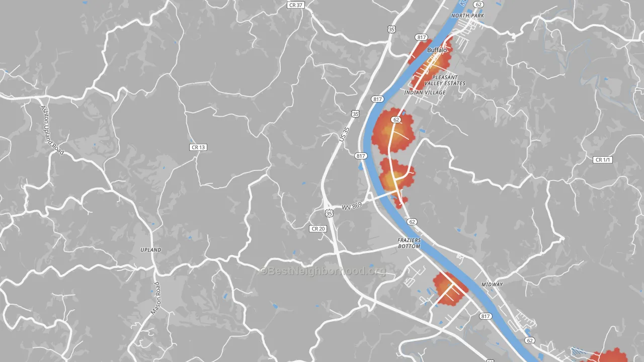 Walk Grade map of 25082, WV, walkable areas in green and car-dependent areas in red