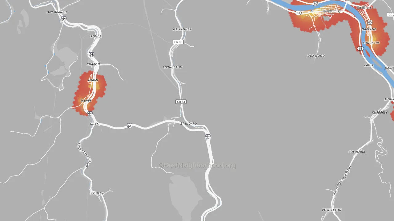 Walk Grade map of 25083, WV, walkable areas in green and car-dependent areas in red
