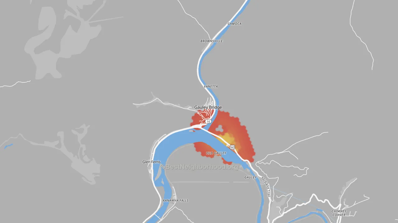 Walk Grade map of 25085, WV, walkable areas in green and car-dependent areas in red