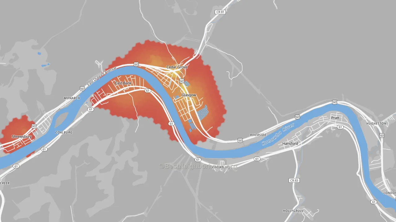 Walk Grade map of 25086, WV, walkable areas in green and car-dependent areas in red