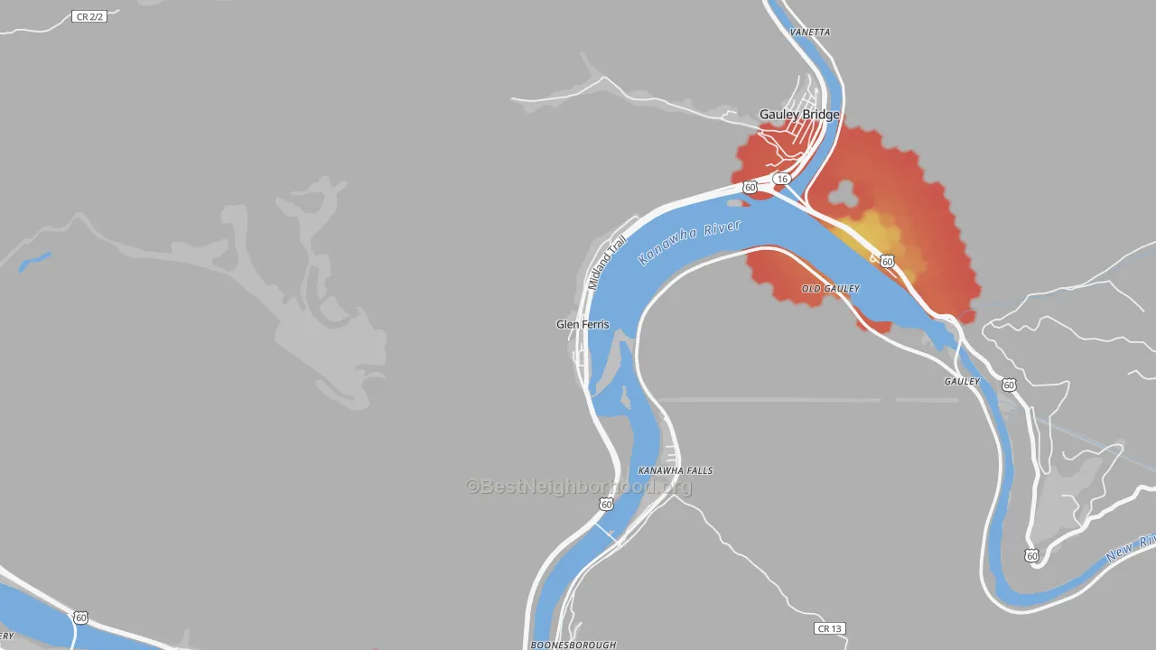 Walk Grade map of 25090, WV, walkable areas in green and car-dependent areas in red