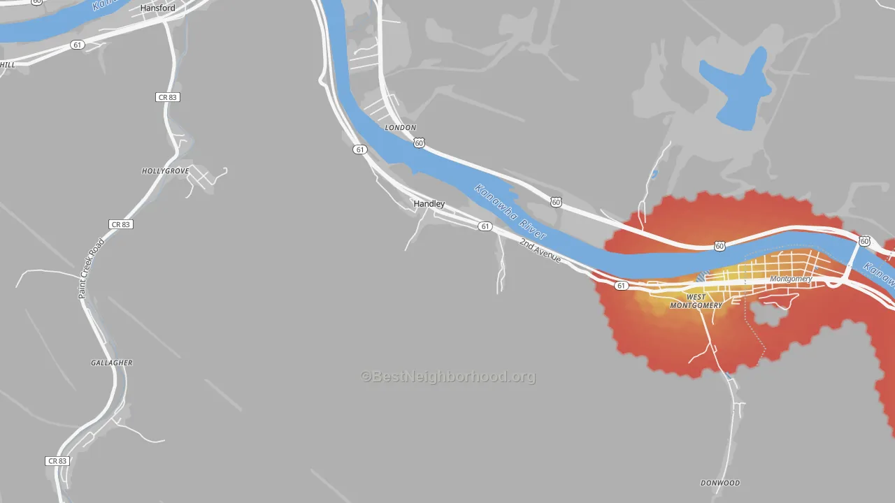 Walk Grade map of 25102, WV, walkable areas in green and car-dependent areas in red