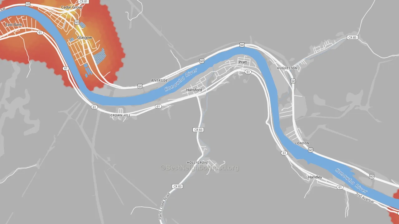 Walk Grade map of 25103, WV, walkable areas in green and car-dependent areas in red