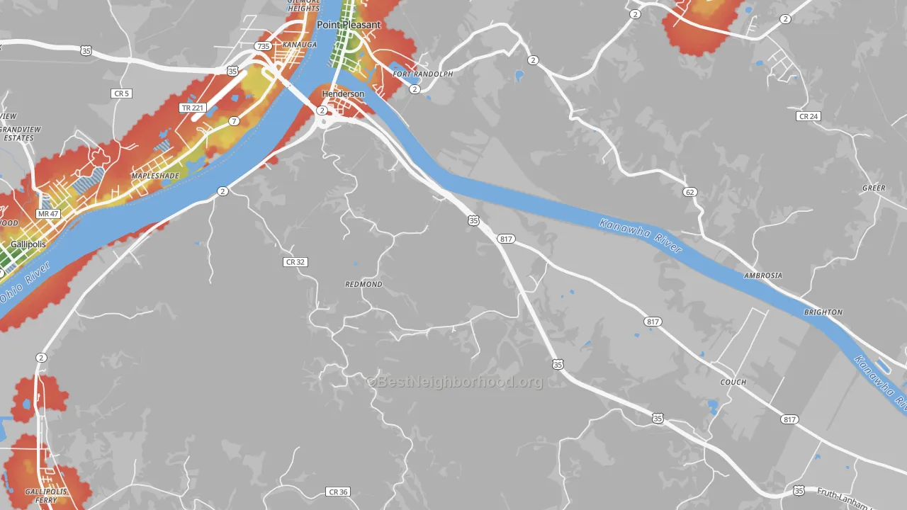 Walk Grade map of 25106, WV, walkable areas in green and car-dependent areas in red