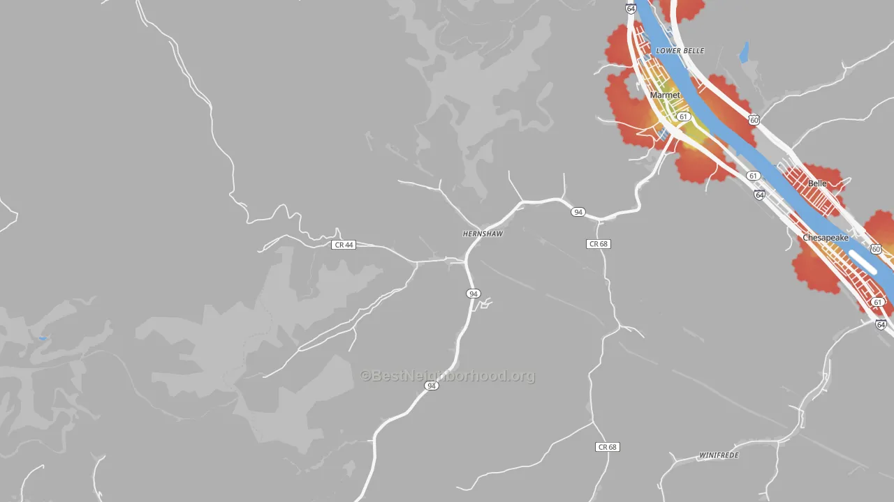 Walk Grade map of 25107, WV, walkable areas in green and car-dependent areas in red