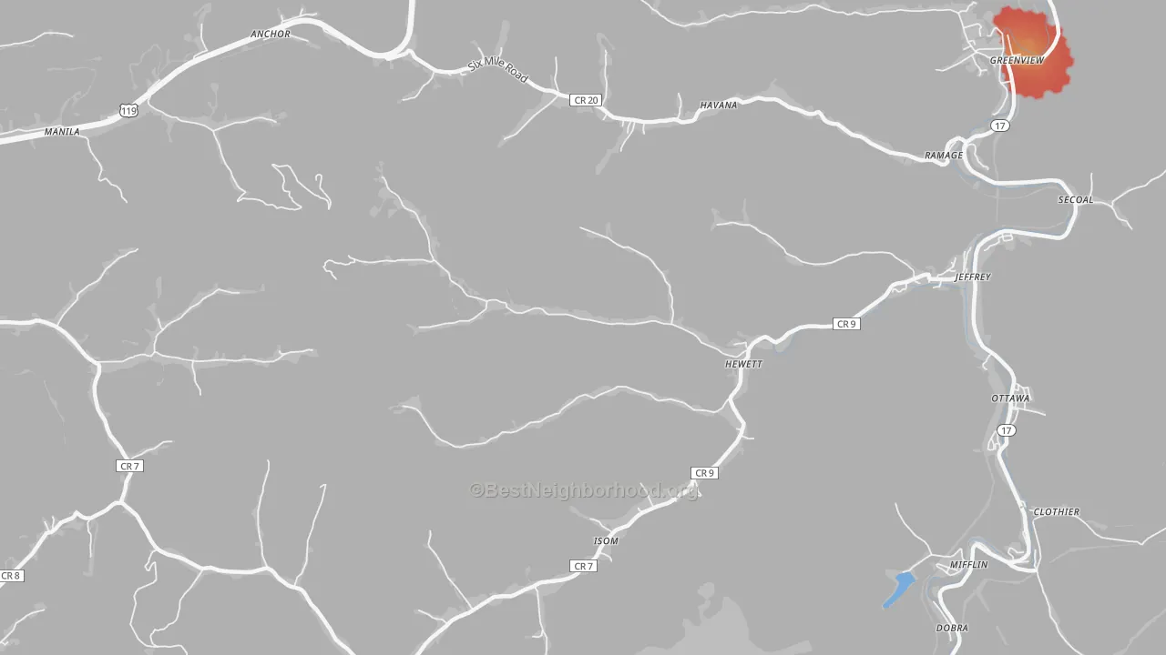 Walk Grade map of 25108, WV, walkable areas in green and car-dependent areas in red