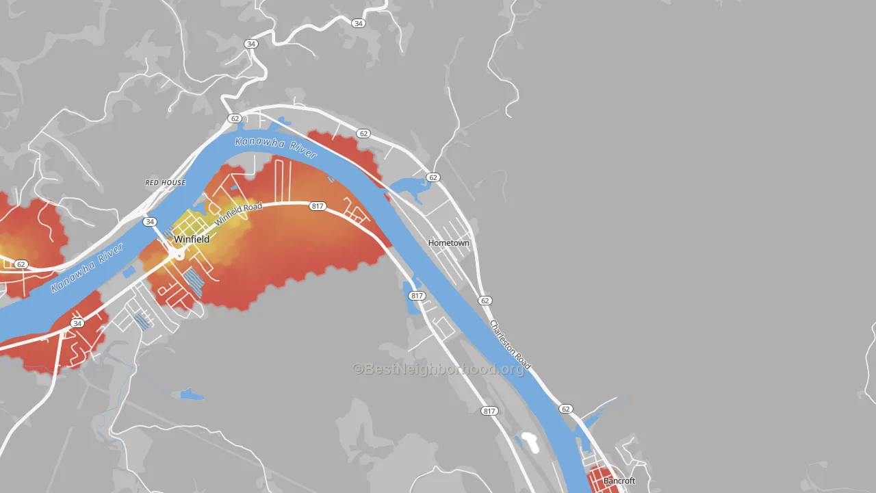 Walk Grade map of 25109, WV, walkable areas in green and car-dependent areas in red