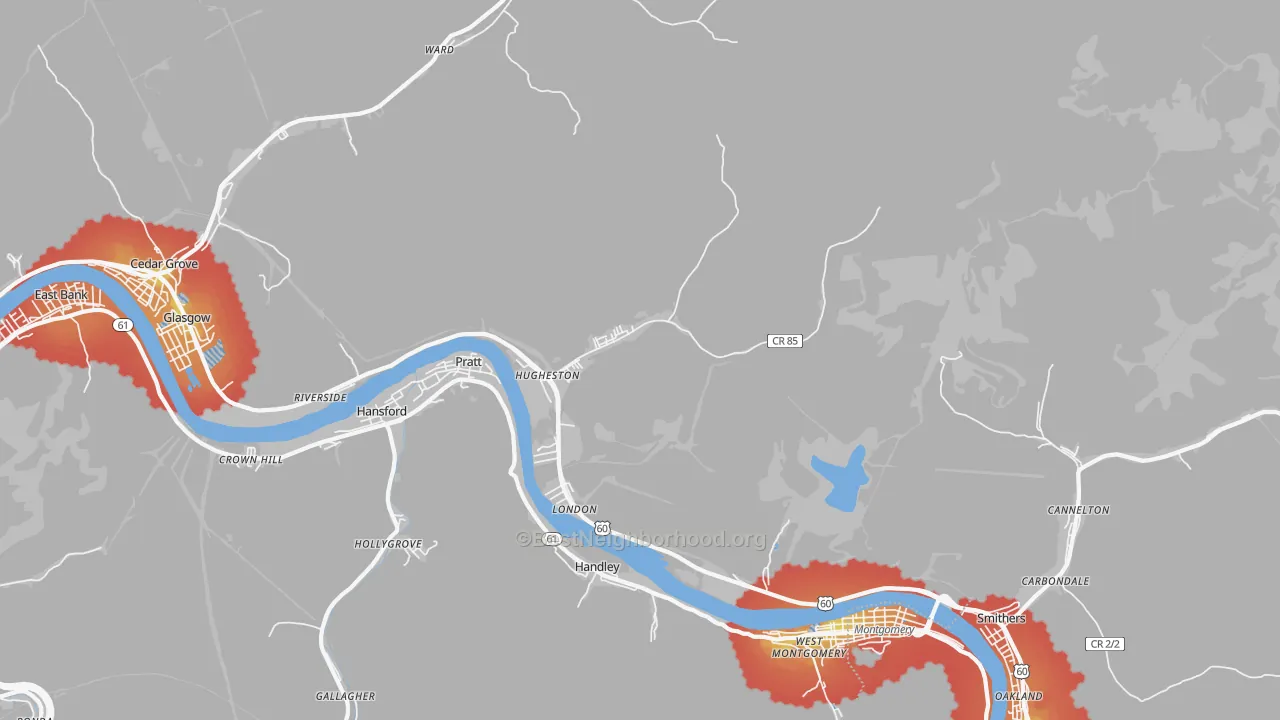 Walk Grade map of 25110, WV, walkable areas in green and car-dependent areas in red