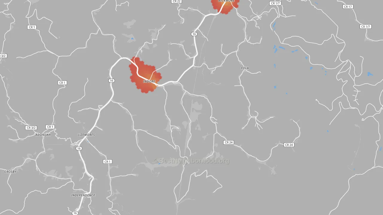Walk Grade map of 25111, WV, walkable areas in green and car-dependent areas in red