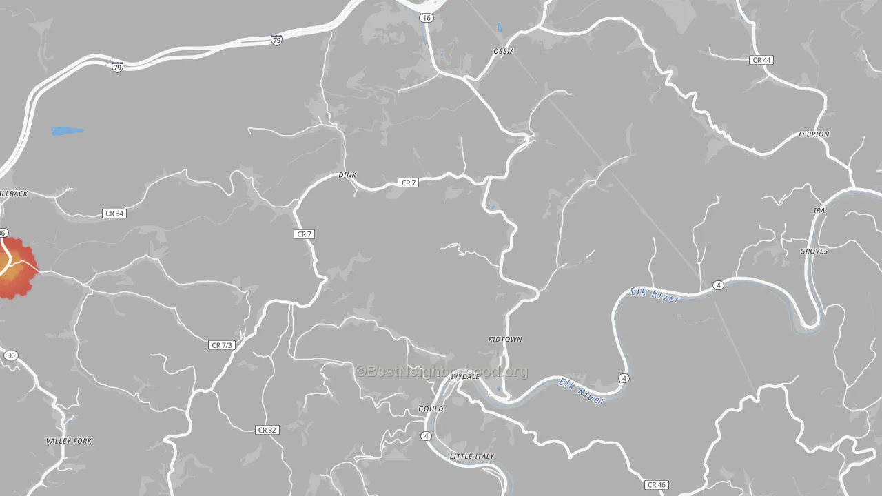 Walk Grade map of 25113, WV, walkable areas in green and car-dependent areas in red