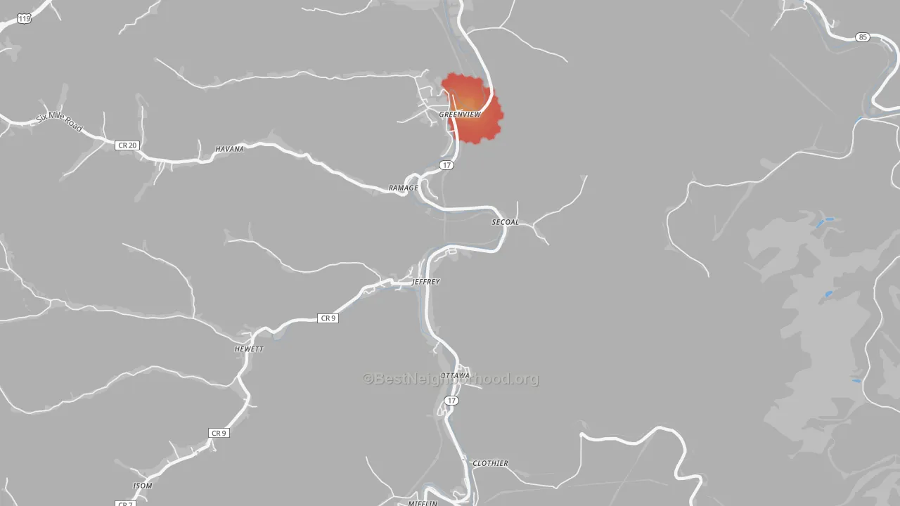 Walk Grade map of 25114, WV, walkable areas in green and car-dependent areas in red