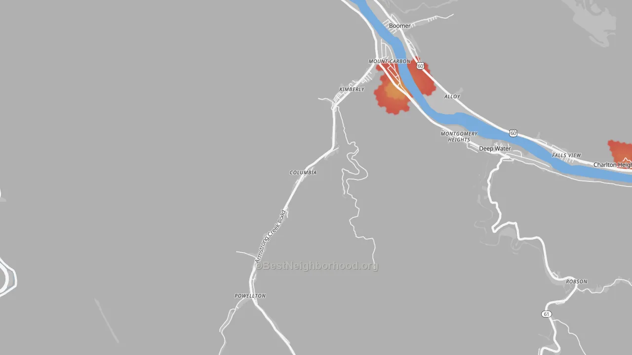 Walk Grade map of 25118, WV, walkable areas in green and car-dependent areas in red
