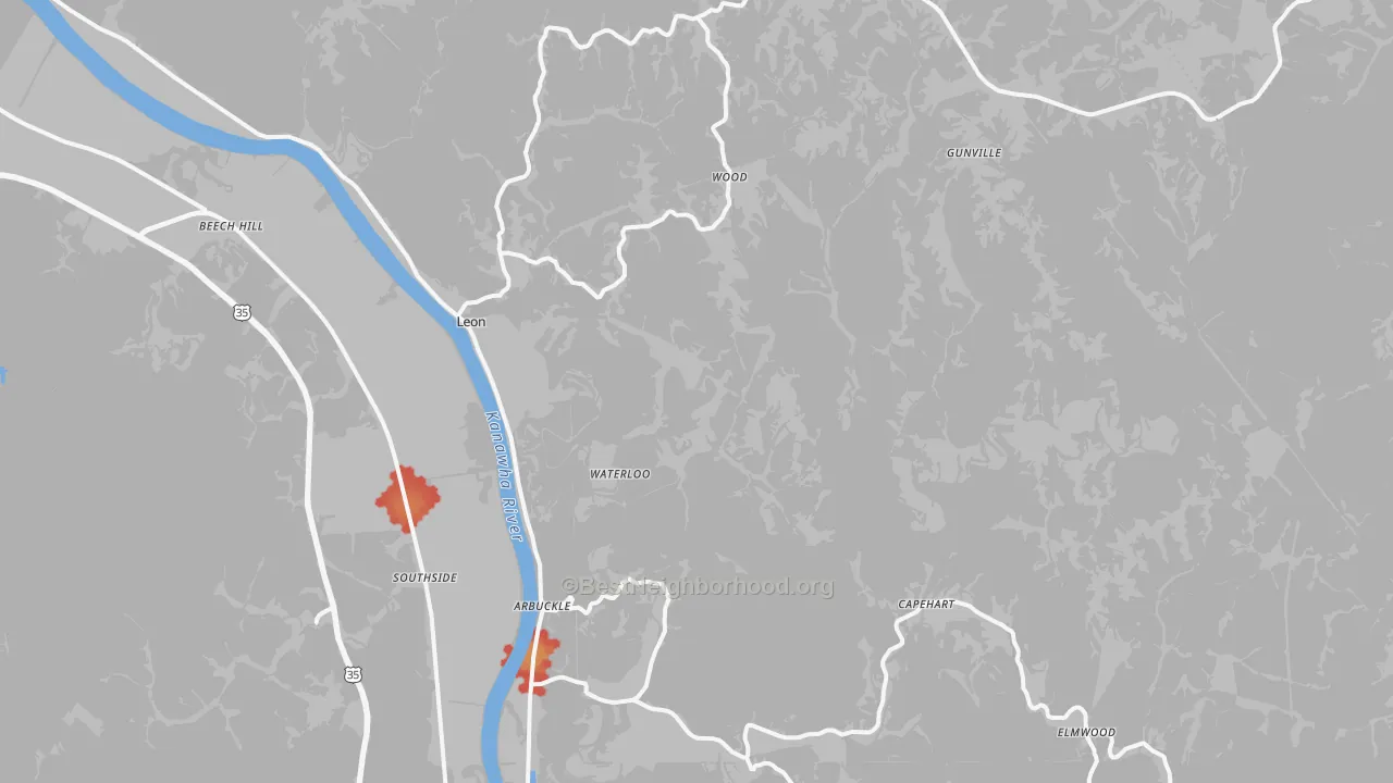 Walk Grade map of 25123, WV, walkable areas in green and car-dependent areas in red