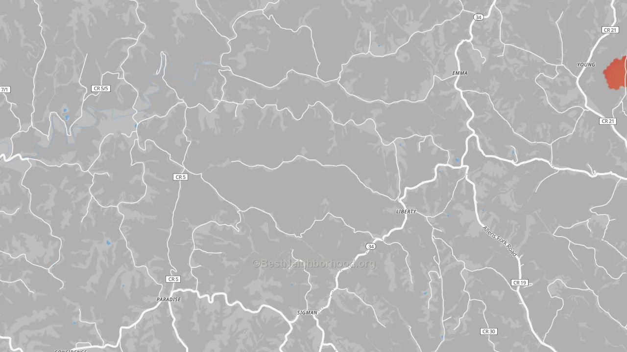 Walk Grade map of 25124, WV, walkable areas in green and car-dependent areas in red