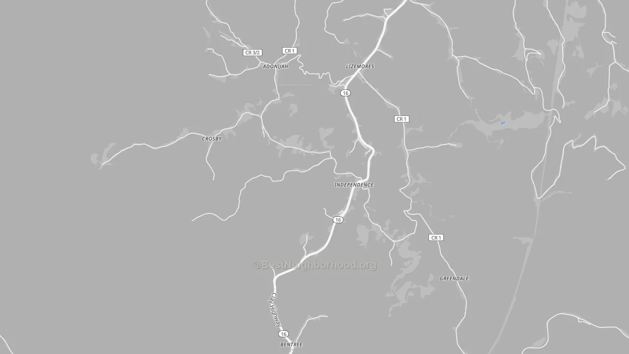 Walk Grade map of 25125, WV, walkable areas in green and car-dependent areas in red
