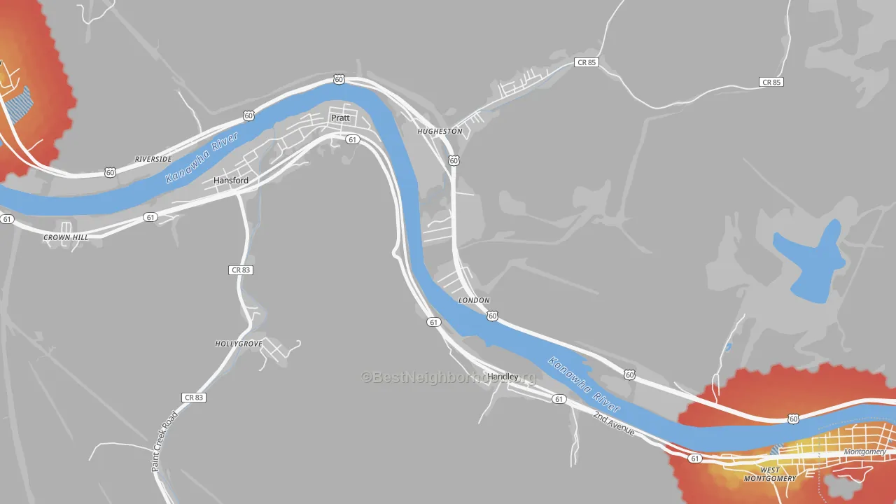 Walk Grade map of 25126, WV, walkable areas in green and car-dependent areas in red