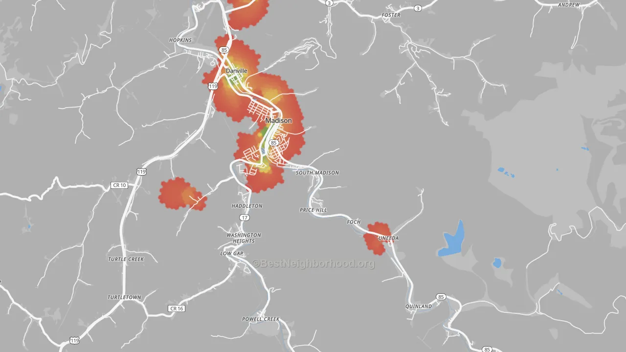 Walk Grade map of 25130, WV, walkable areas in green and car-dependent areas in red