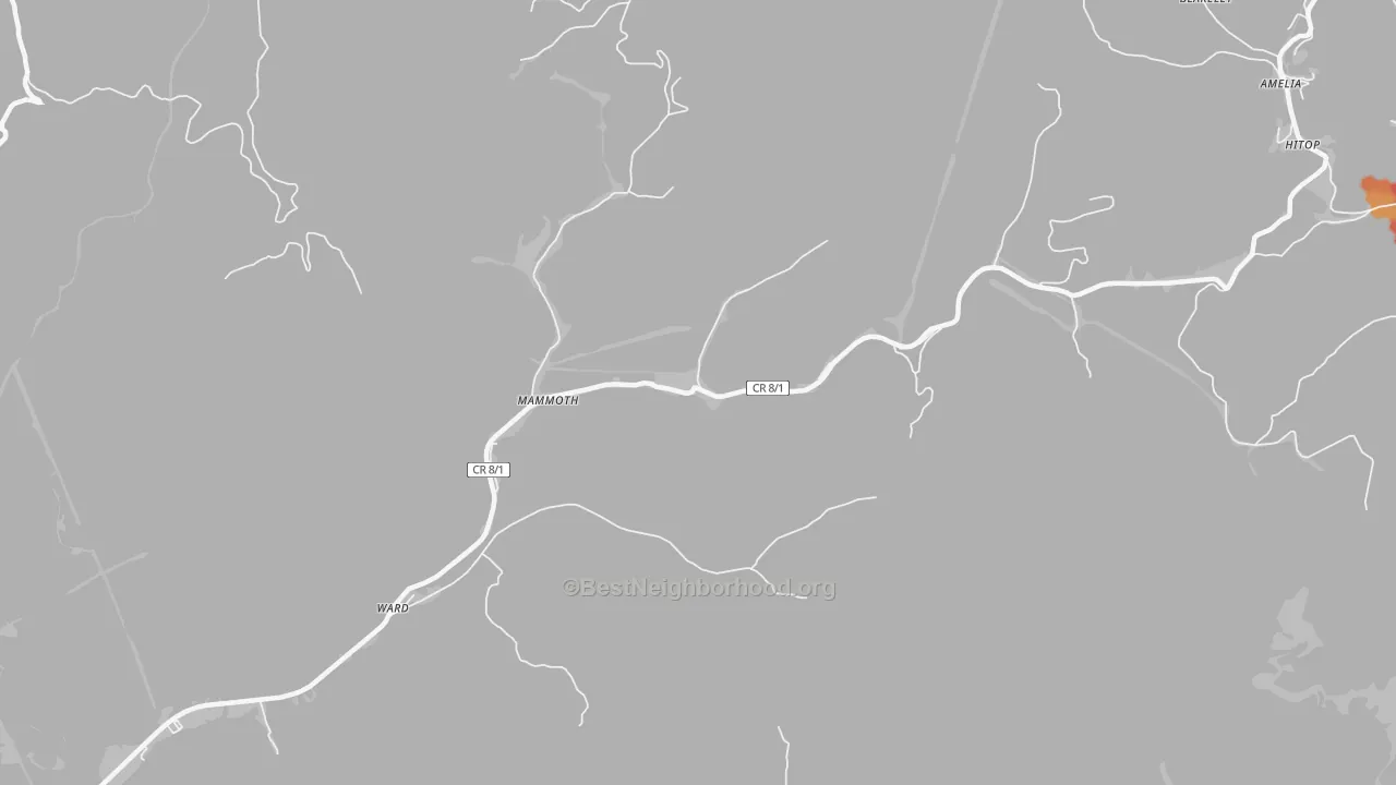 Walk Grade map of 25132, WV, walkable areas in green and car-dependent areas in red