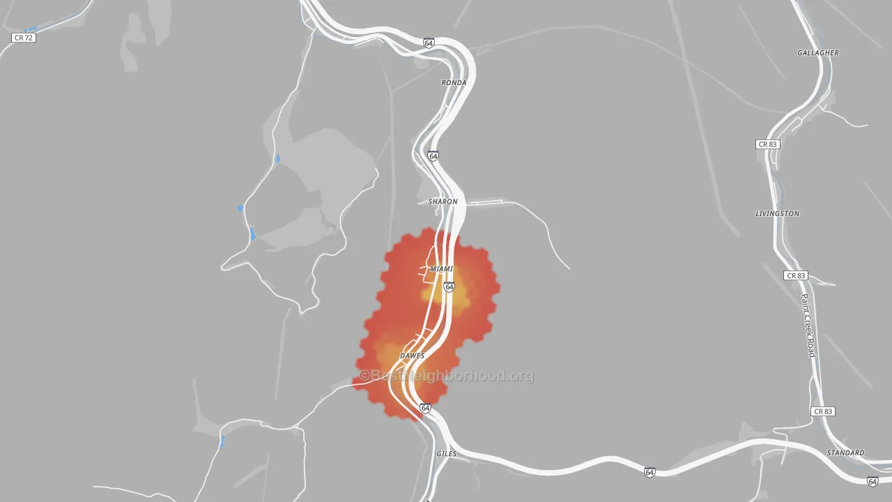 Walk Grade map of 25134, WV, walkable areas in green and car-dependent areas in red