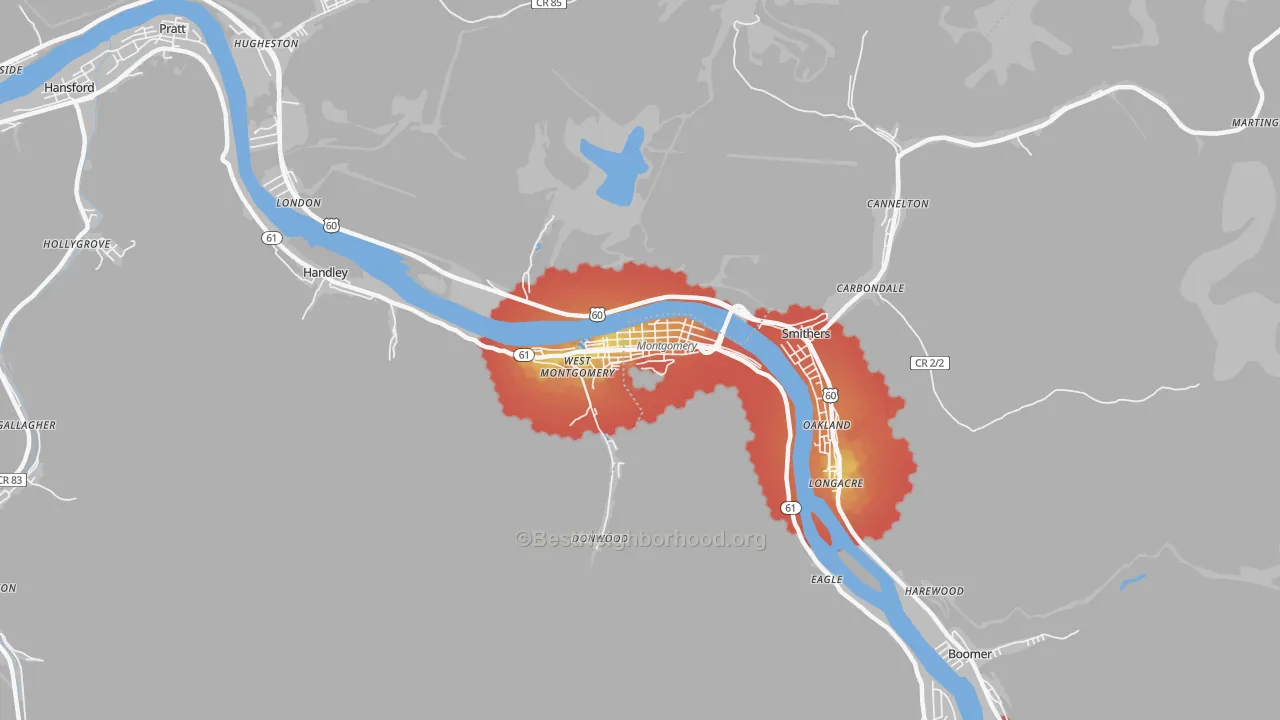 Walk Grade map of 25136, WV, walkable areas in green and car-dependent areas in red