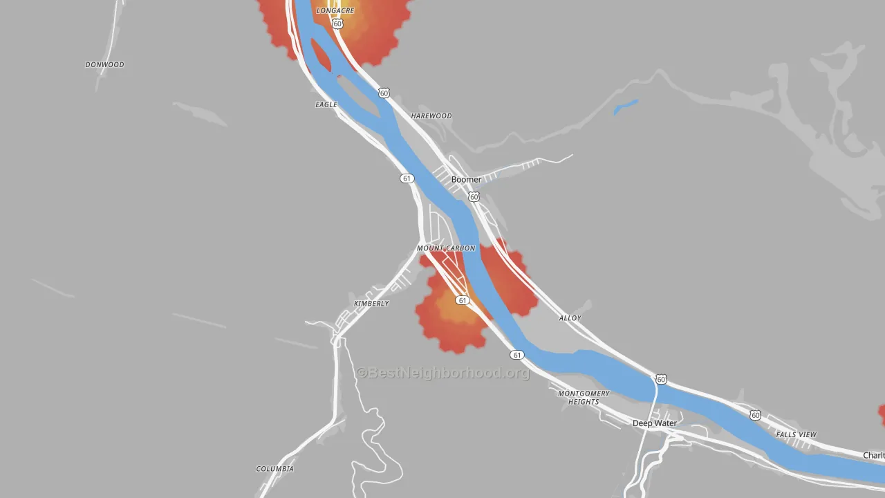 Walk Grade map of 25139, WV, walkable areas in green and car-dependent areas in red