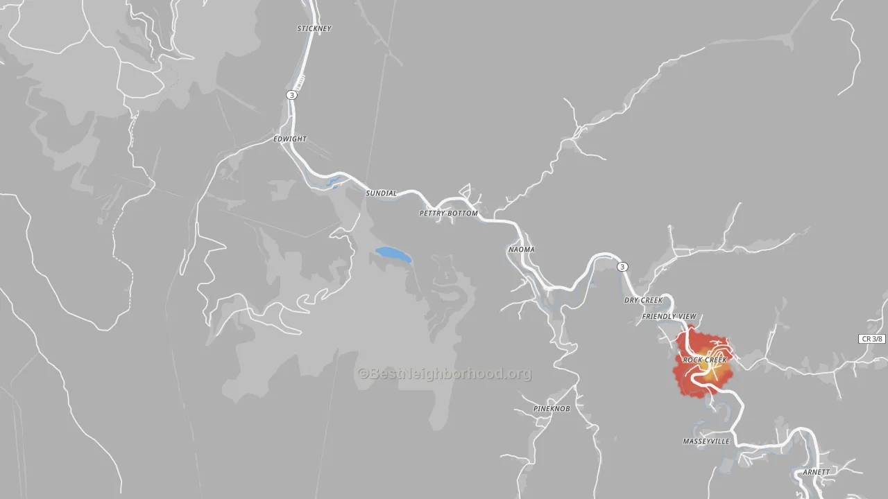 Walk Grade map of 25140, WV, walkable areas in green and car-dependent areas in red
