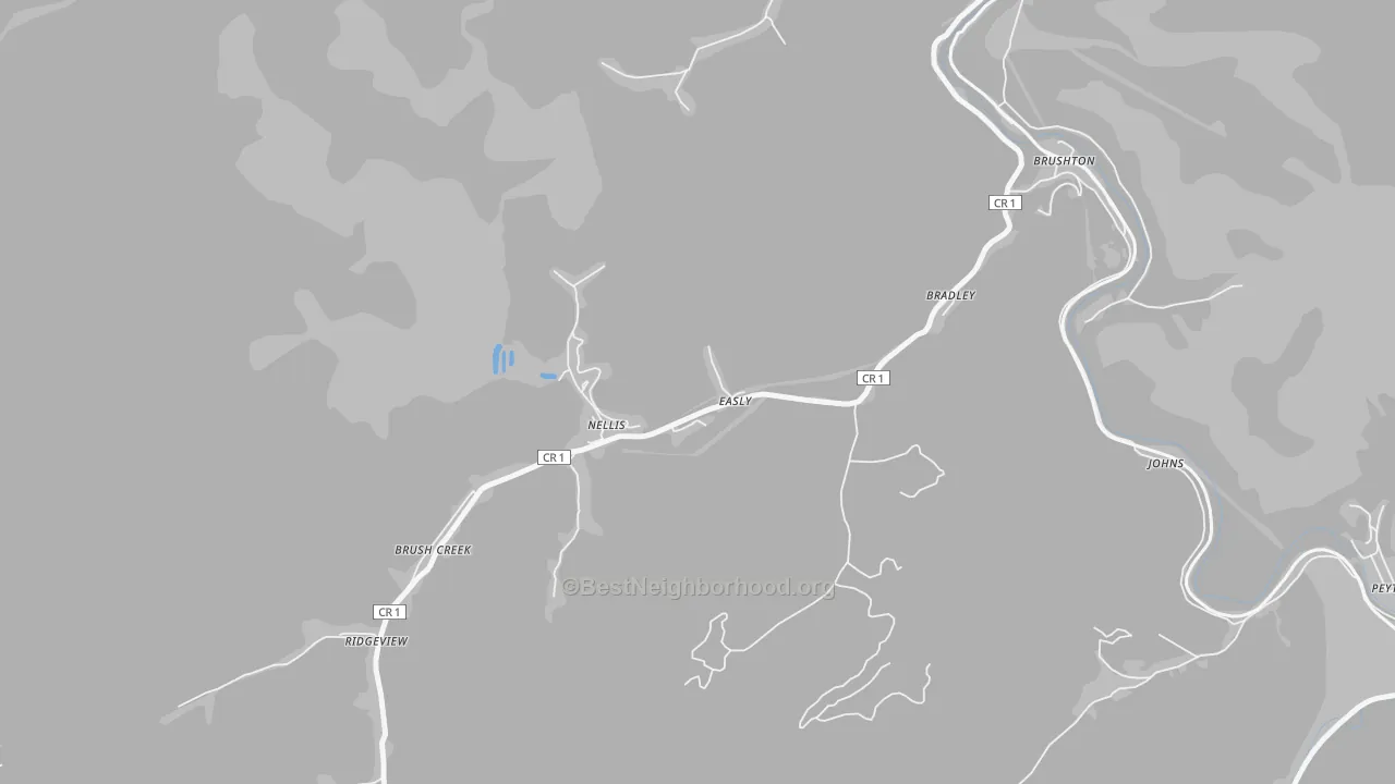 Walk Grade map of 25142, WV, walkable areas in green and car-dependent areas in red