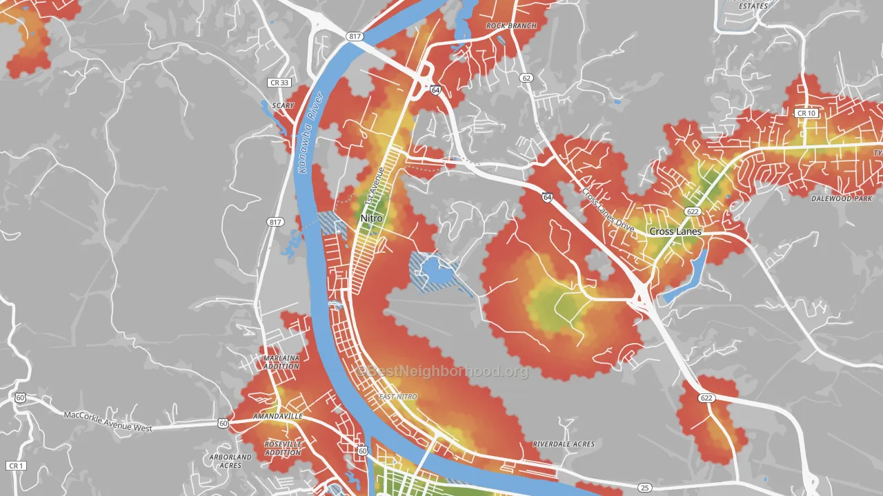 Walk Grade map of 25143, WV, walkable areas in green and car-dependent areas in red