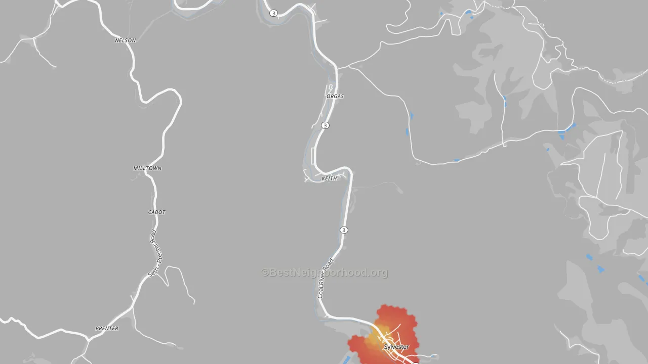 Walk Grade map of 25148, WV, walkable areas in green and car-dependent areas in red