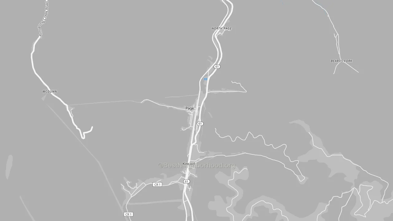 Walk Grade map of 25152, WV, walkable areas in green and car-dependent areas in red