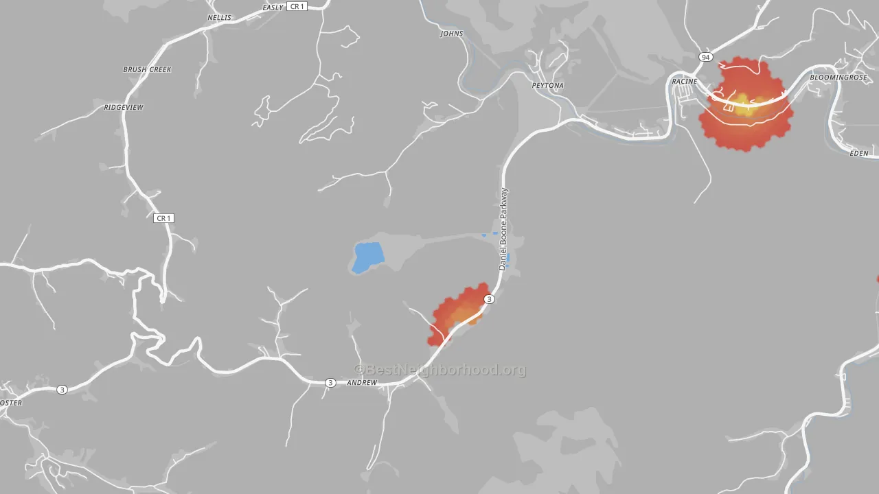 Walk Grade map of 25154, WV, walkable areas in green and car-dependent areas in red