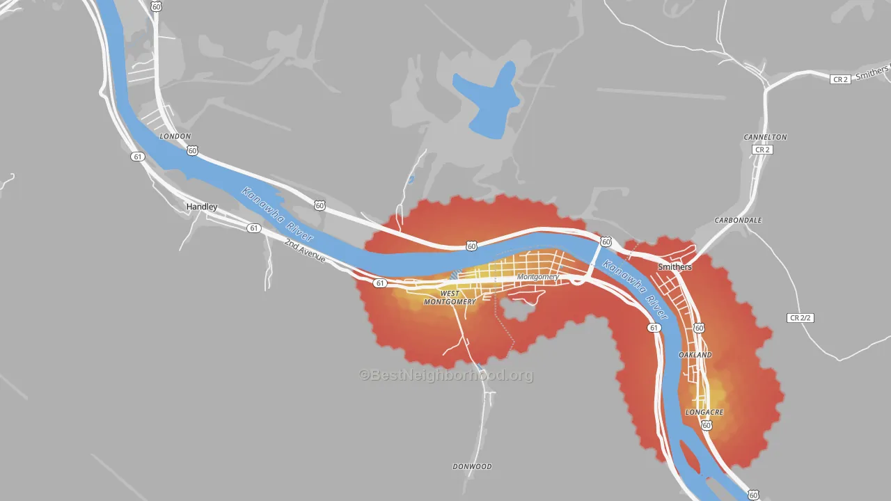 Walk Grade map of 25156, WV, walkable areas in green and car-dependent areas in red