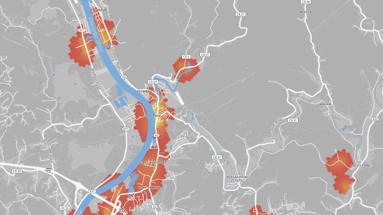 Walk Grade map of 25159, WV, walkable areas in green and car-dependent areas in red