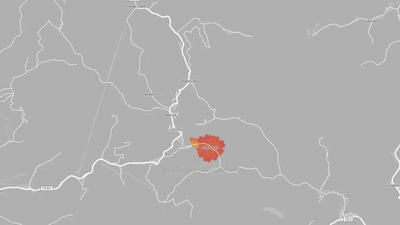Walk Grade map of 25160, WV, walkable areas in green and car-dependent areas in red