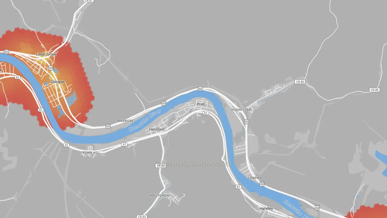 Walk Grade map of 25162, WV, walkable areas in green and car-dependent areas in red