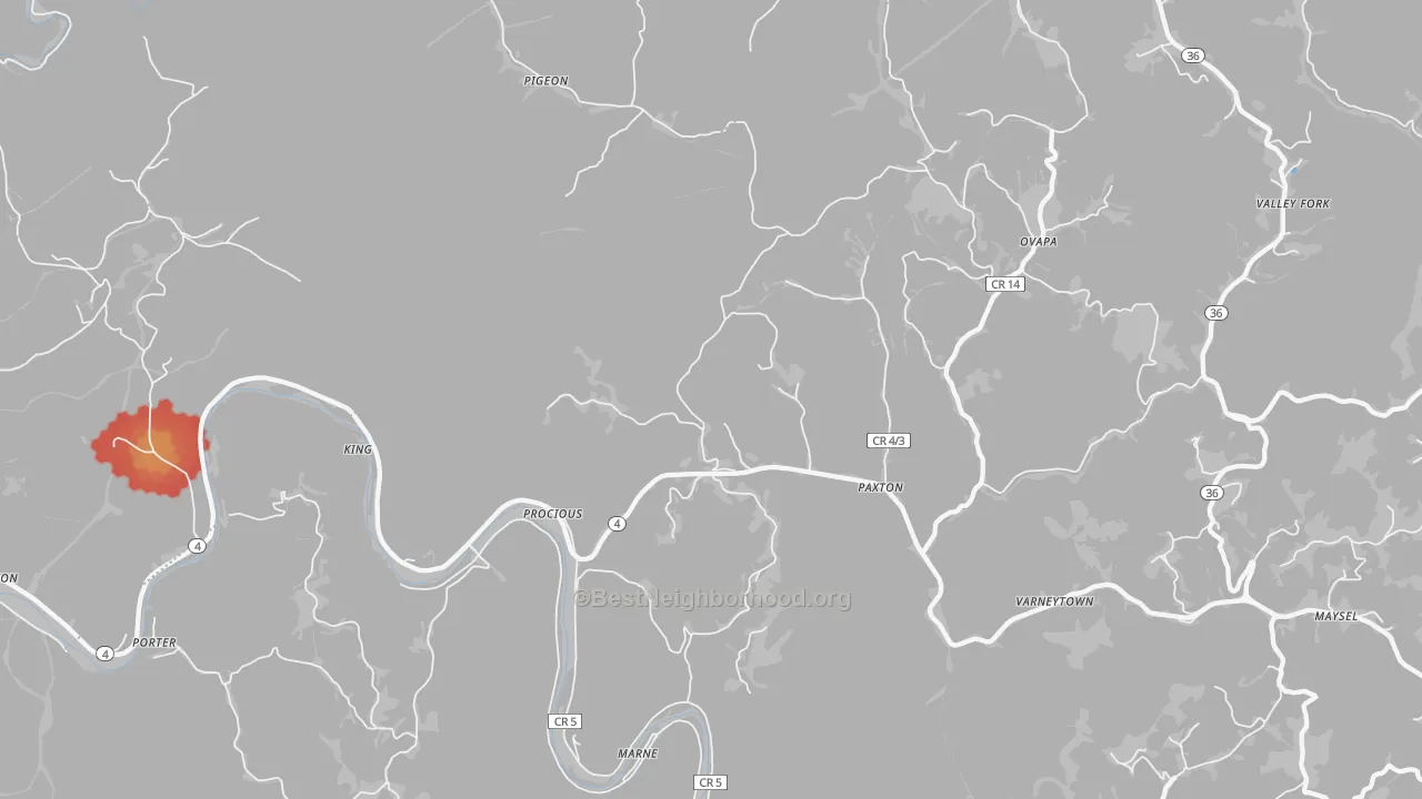 Walk Grade map of 25164, WV, walkable areas in green and car-dependent areas in red