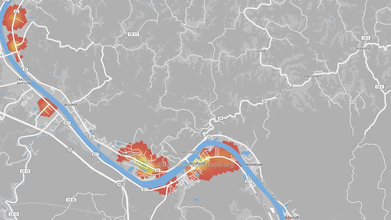 Walk Grade map of 25168, WV, walkable areas in green and car-dependent areas in red