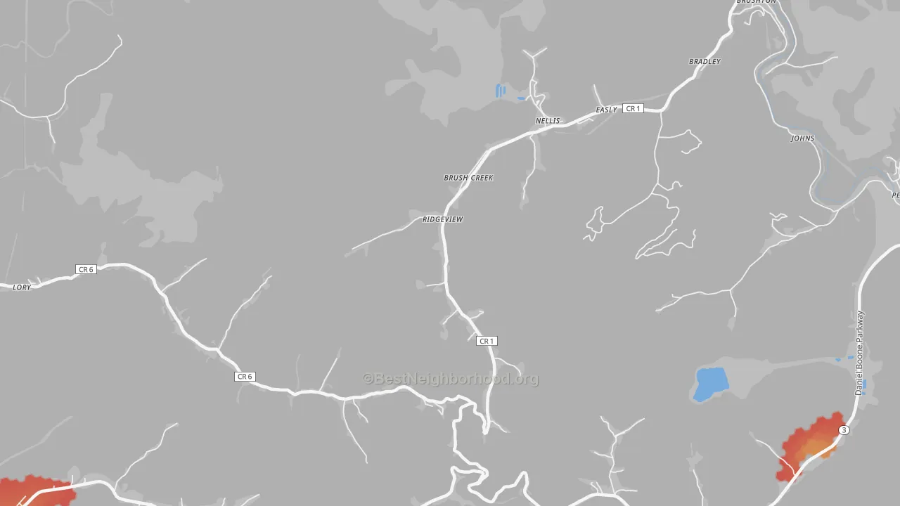 Walk Grade map of 25169, WV, walkable areas in green and car-dependent areas in red