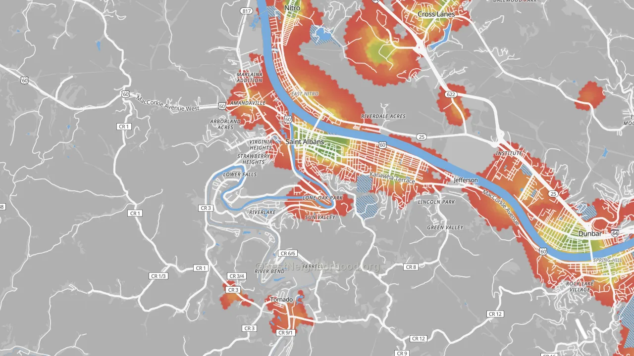 Walk Grade map of 25177, WV, walkable areas in green and car-dependent areas in red