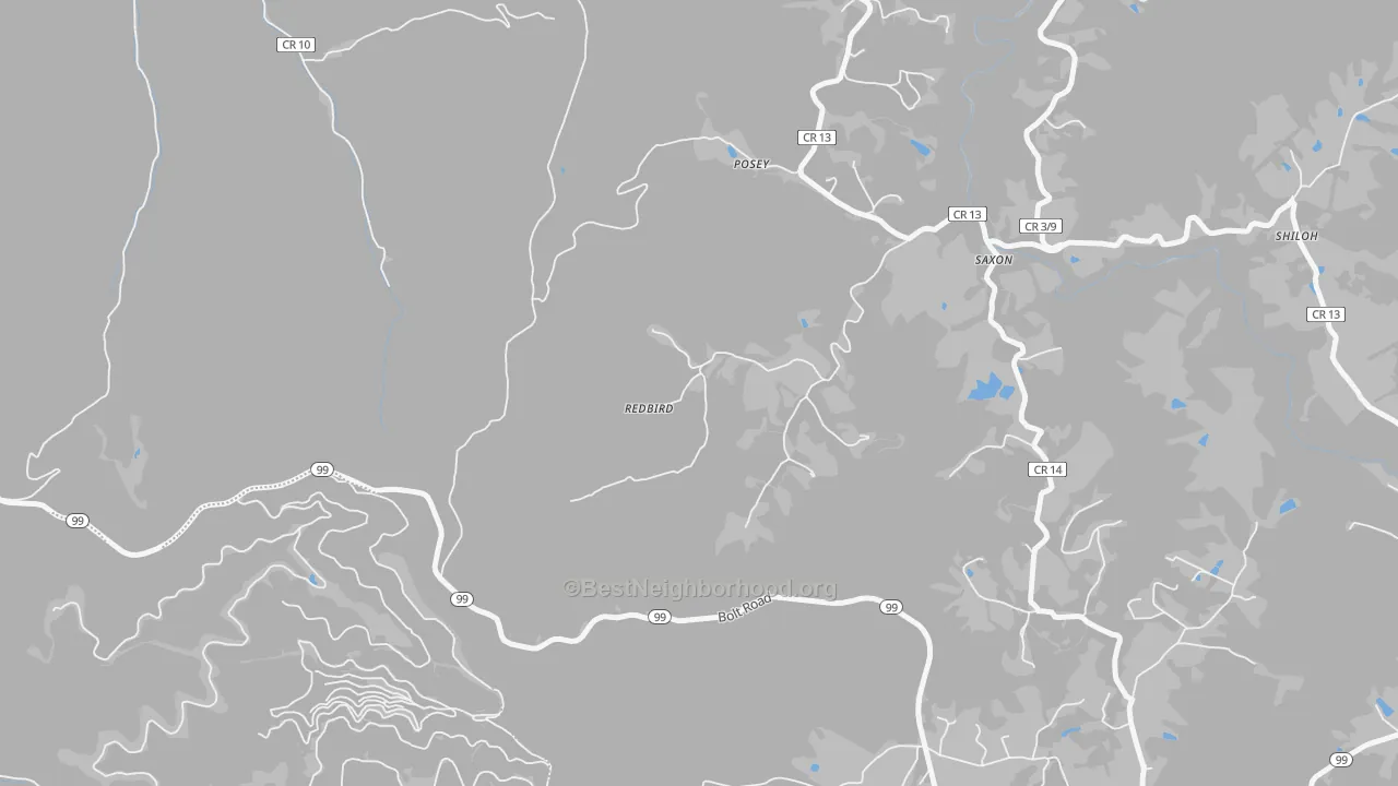 Walk Grade map of 25180, WV, walkable areas in green and car-dependent areas in red