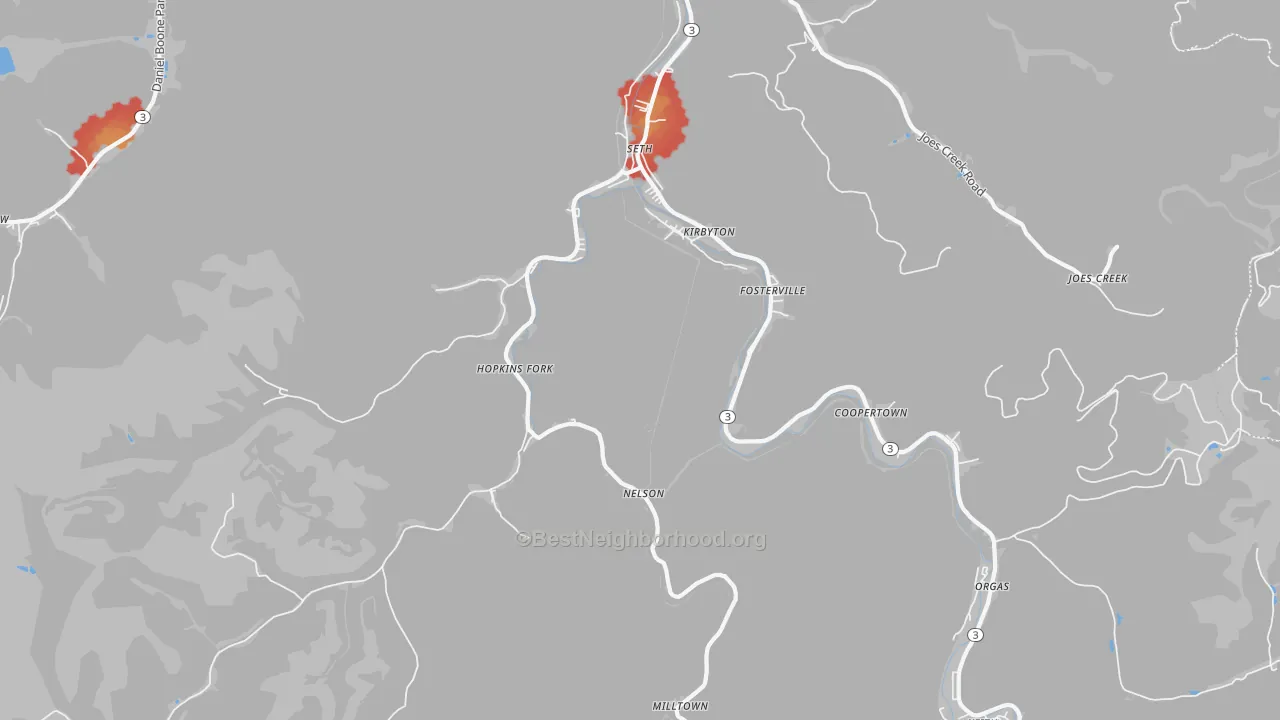 Walk Grade map of 25181, WV, walkable areas in green and car-dependent areas in red