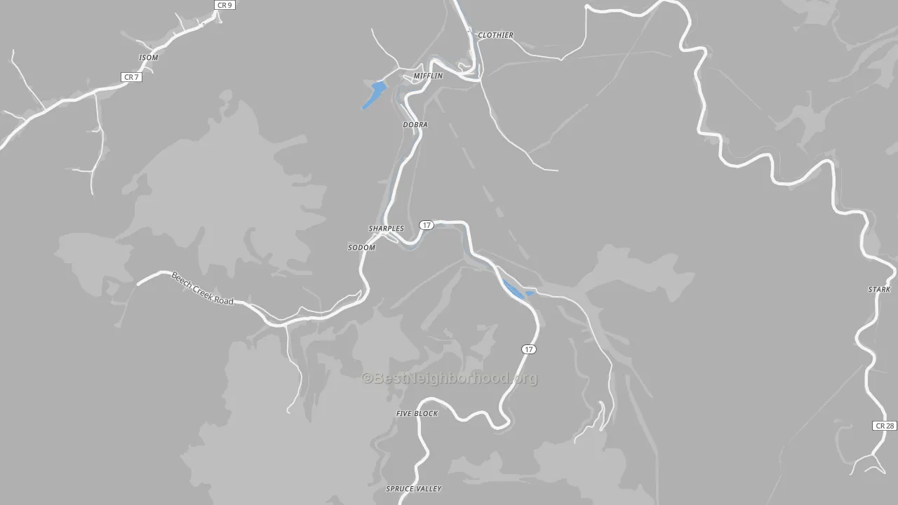 Walk Grade map of 25183, WV, walkable areas in green and car-dependent areas in red